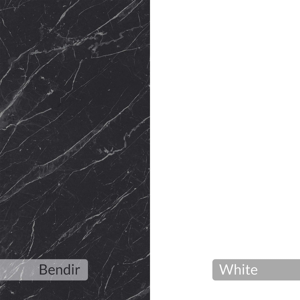 Finish swatch panel: black marble-look surface with light grey option