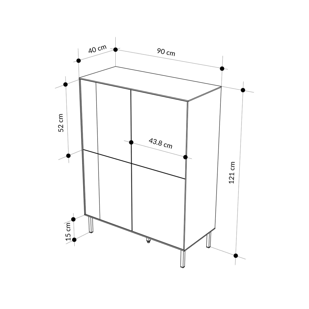Cabinet dimensions diagram: 90 cm wide, 121 cm tall, 40 cm deep.