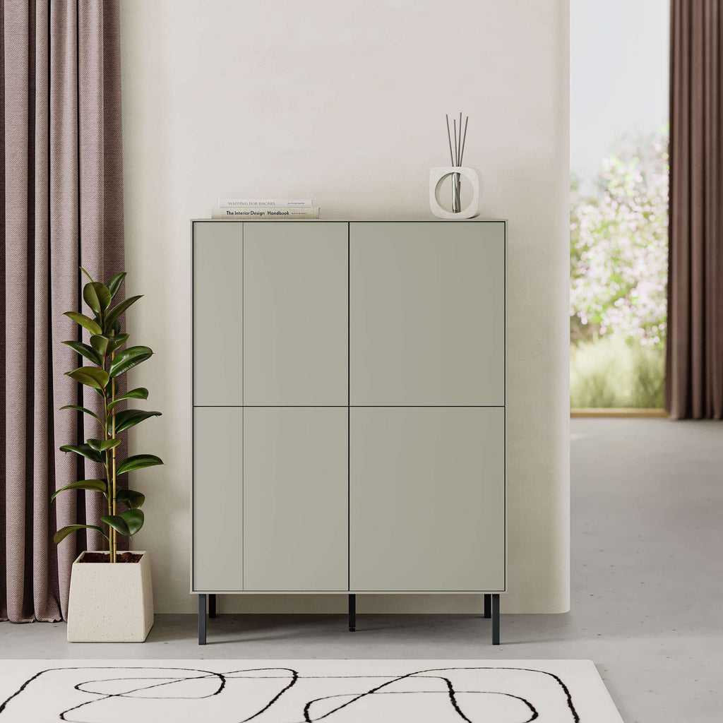 Multipurpose cabinet sideboard with four closed doors, light green finish, black legs