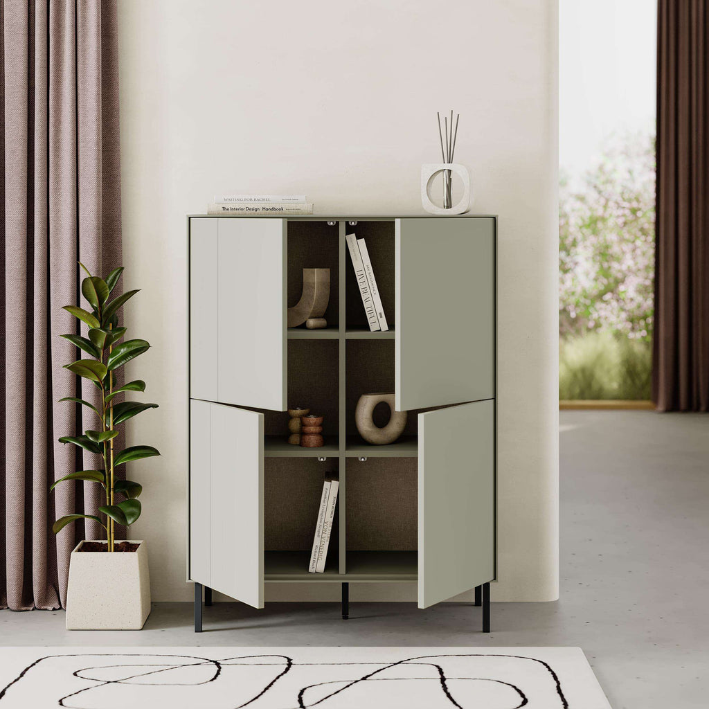 Multipurpose cabinet with open doors, showing shelves; pale green panels and metal legs.