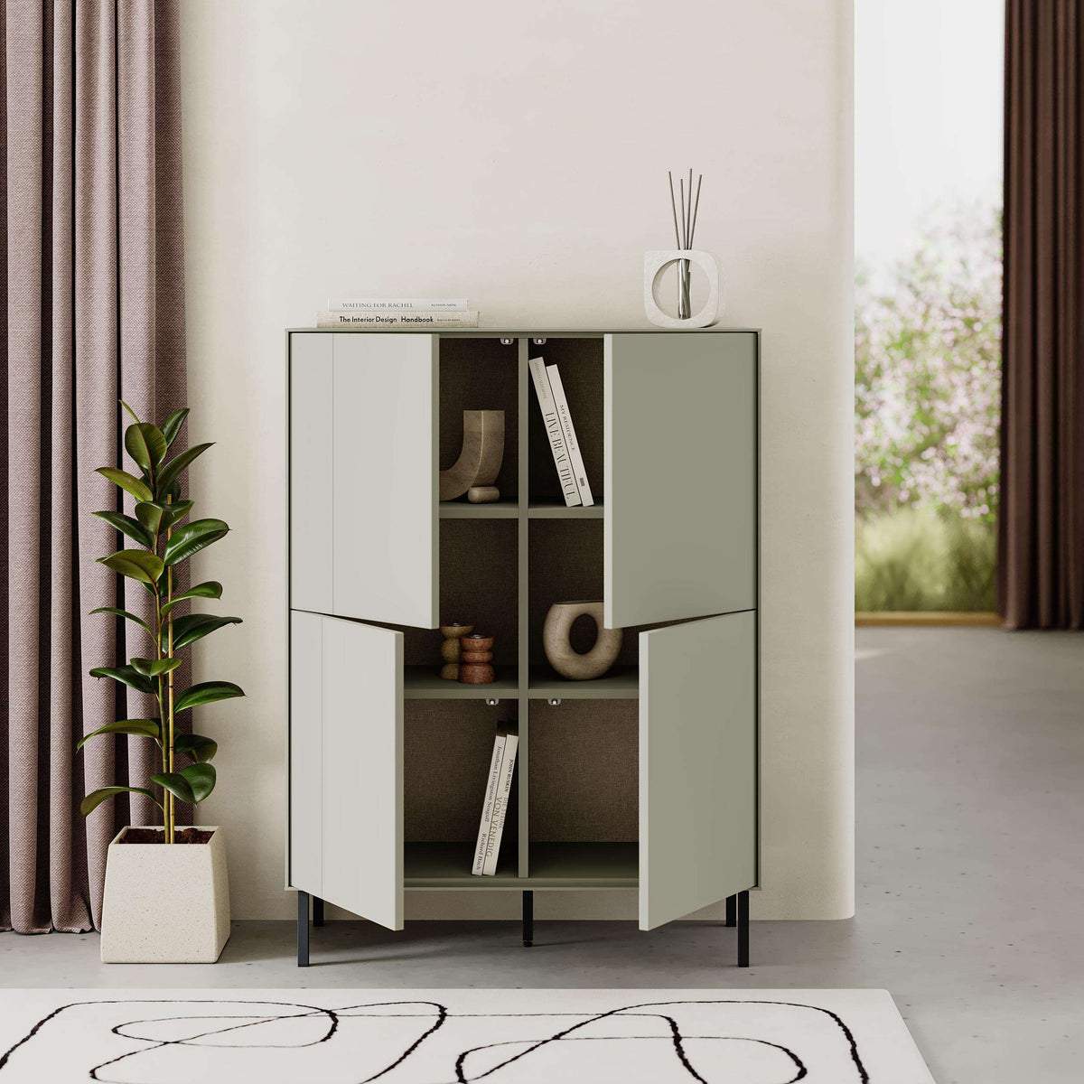 Multipurpose cabinet sideboard with open center compartment, light green doors, black legs