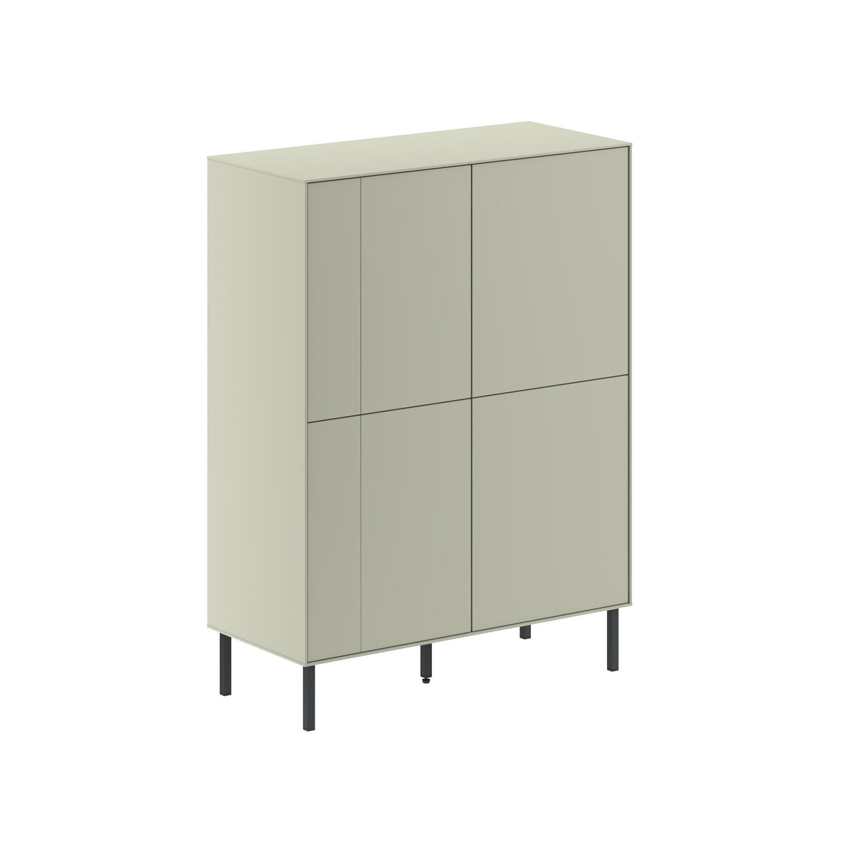 Multipurpose cabinet sideboard with four-panel doors; light sage green finish, dark legs.