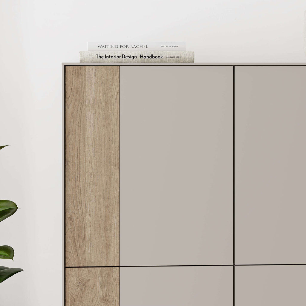 Multipurpose cabinet sideboard close-up, oak vertical panel with light grey door sections