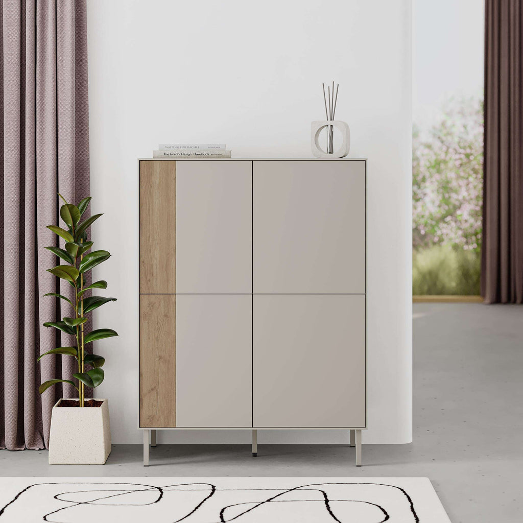 Multipurpose cabinet sideboard with natural oak panels and light grey doors, black legs