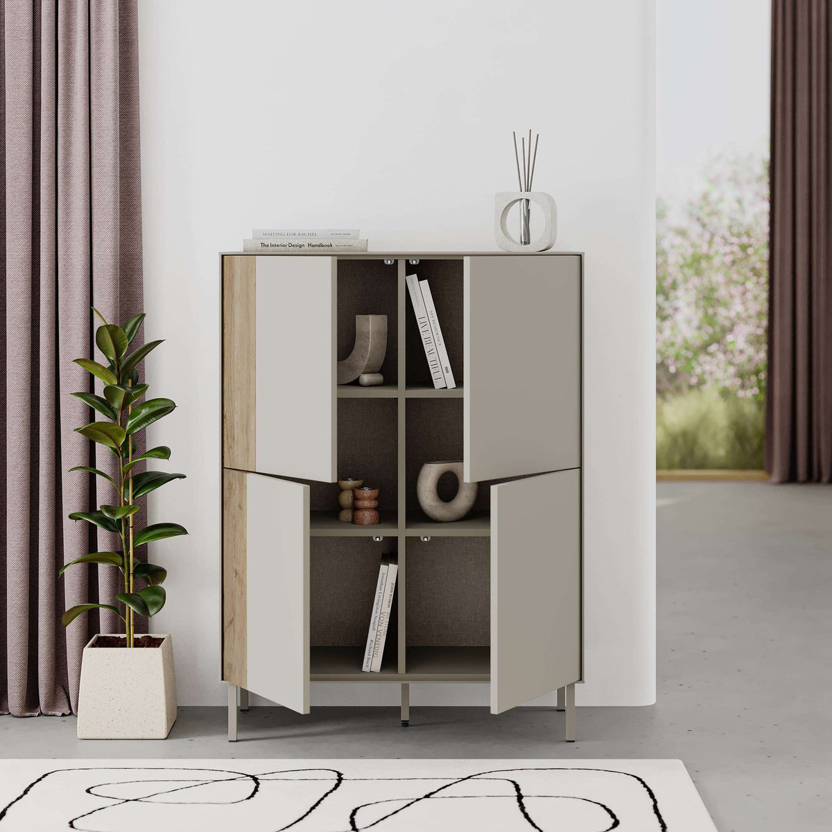 Multipurpose cabinet with open doors, showing shelves; ash green panels and metal legs.