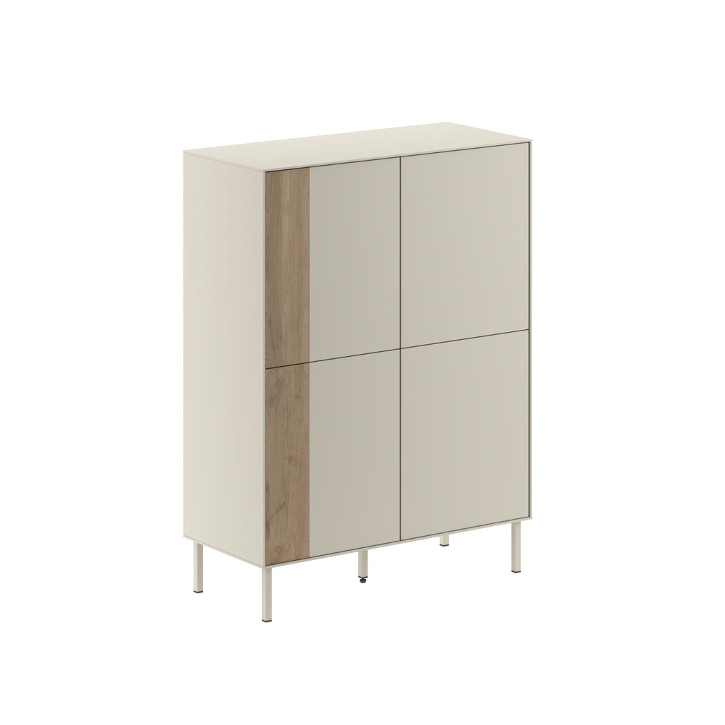 Multipurpose cabinet sideboard with four-panel doors; light neutral panels and wood-look side.