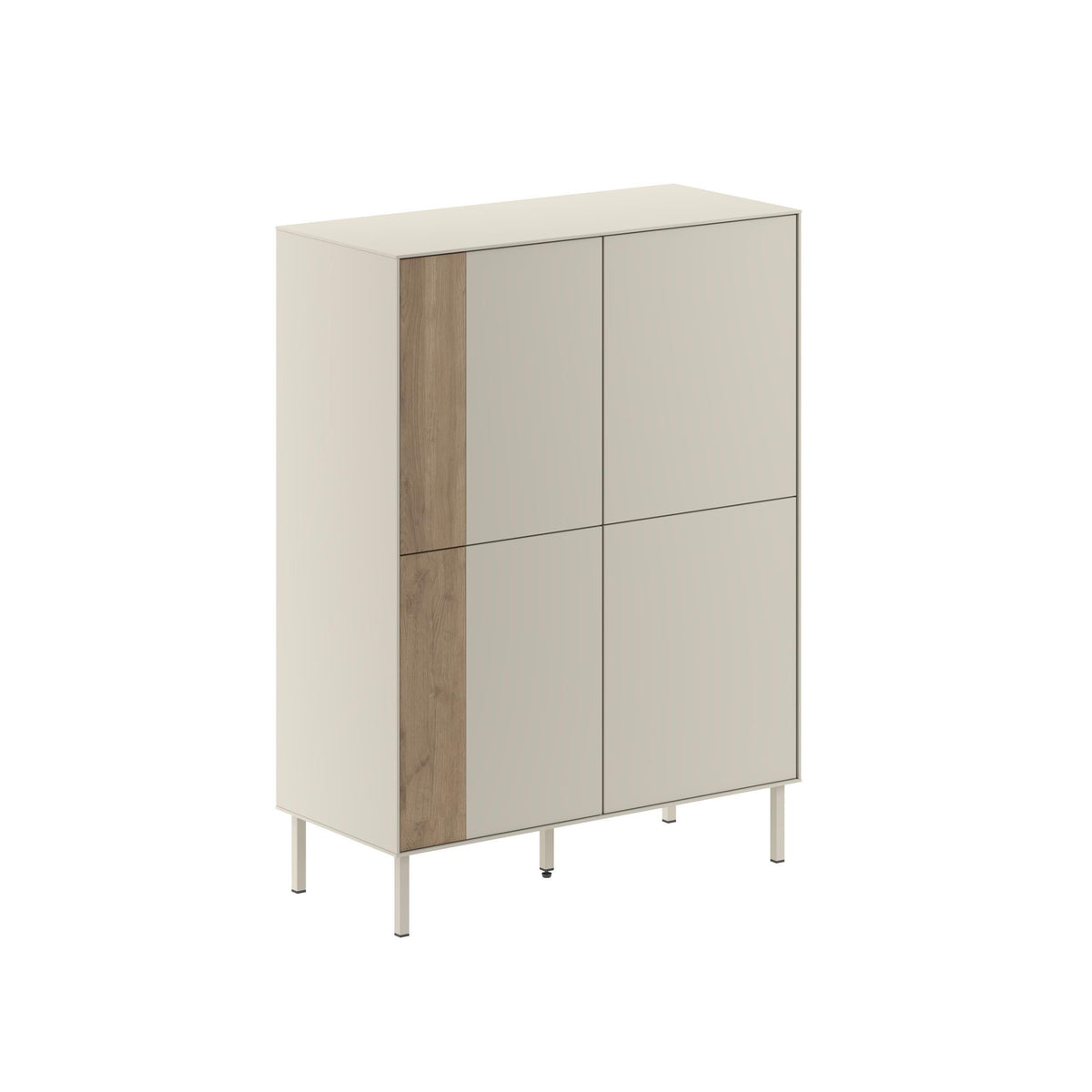 Multipurpose cabinet sideboard with four-panel doors; light neutral panels and wood-look side.