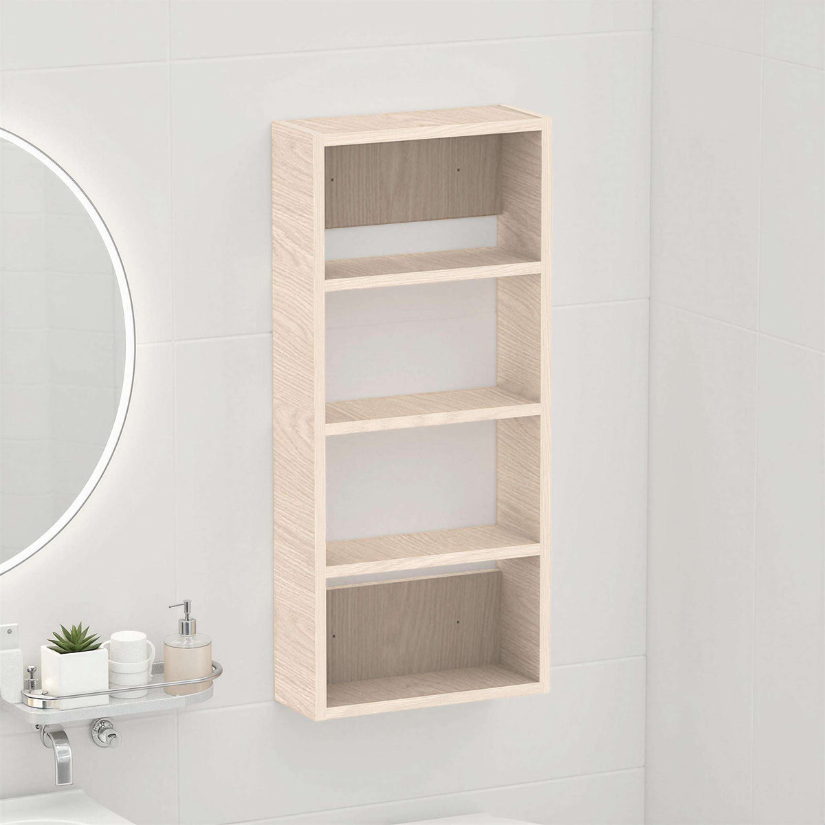 Wall-mounted cabinet in light oak effect with four open shelves