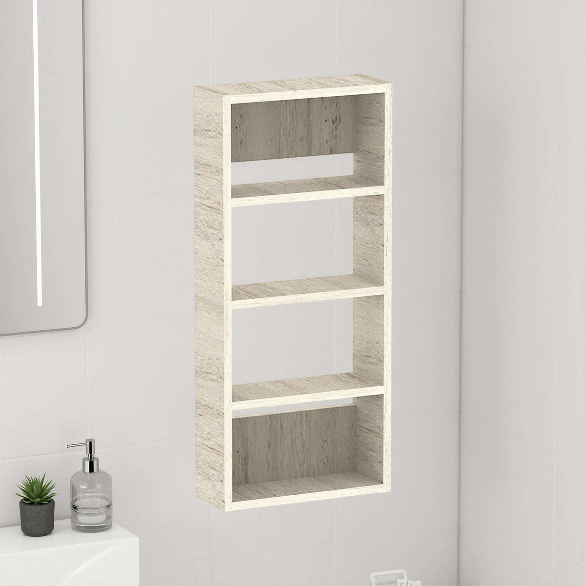 Wall-mounted multipurpose cabinet in light oak effect with four open shelves