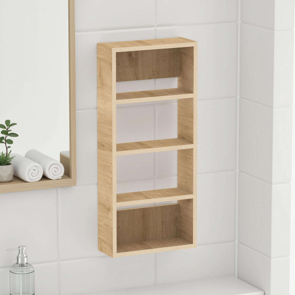 Wall-mounted multipurpose cabinet in warm oak tone with four open shelves