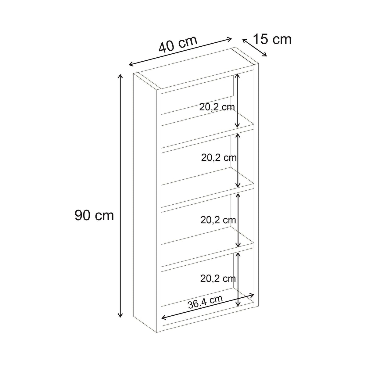 Wall-mounted cabinet dimensions diagram: 90 cm tall, 40 cm wide, 15 cm deep