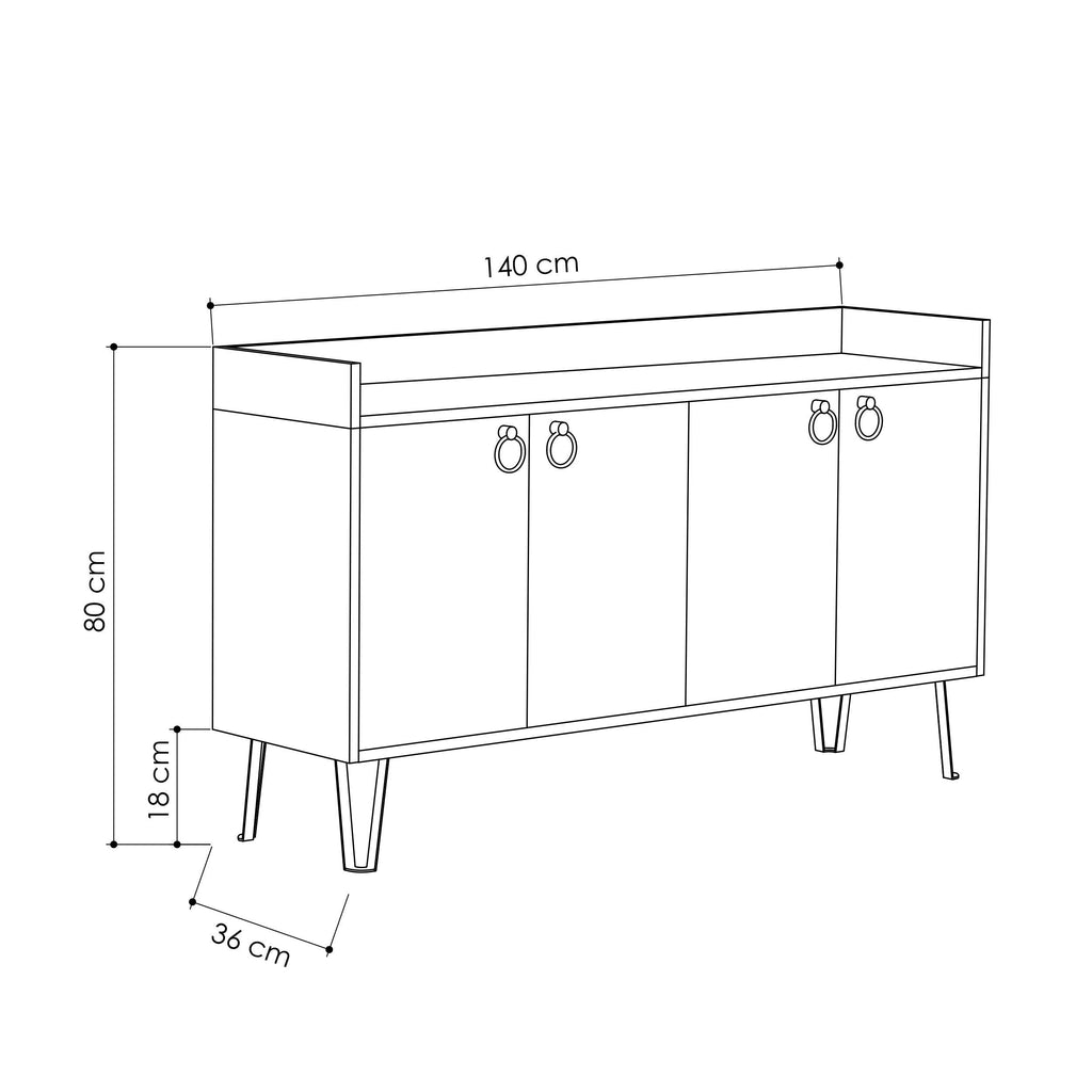 Console table technical line drawing with dimensions: 140 cm wide, 80 cm high