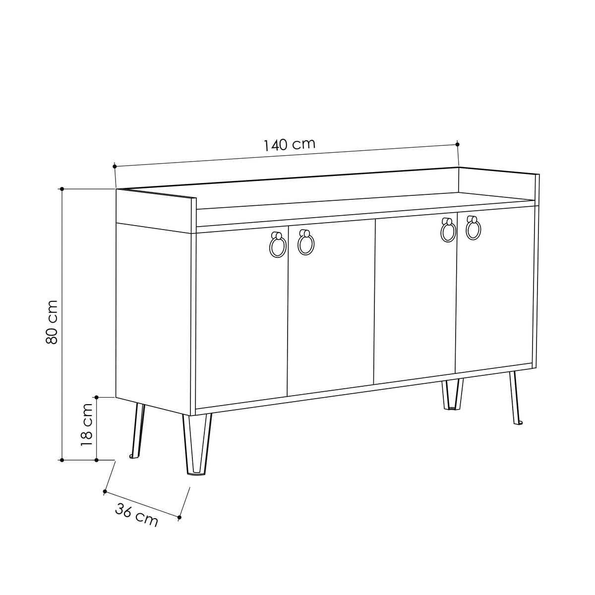 Console table technical line drawing with dimensions: 140 cm wide, 80 cm high
