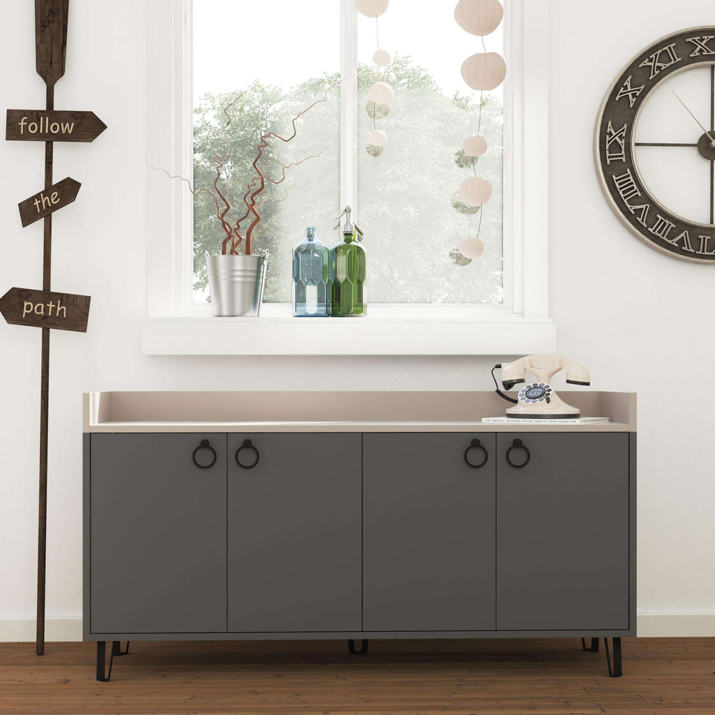 Console table featuring light mocha top and anthracite door fronts with ring handles