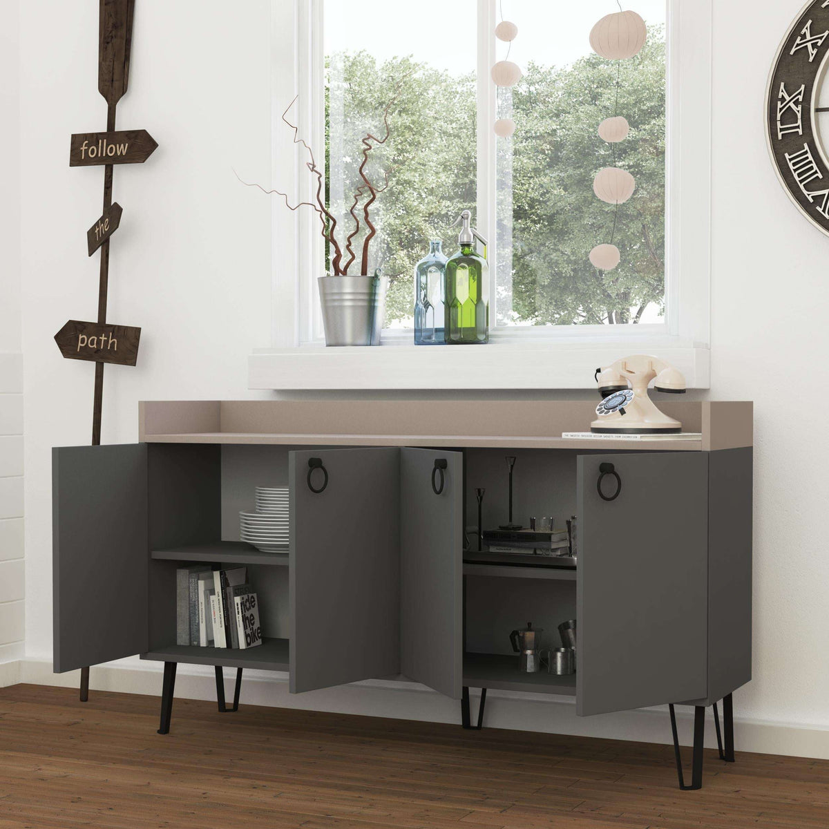 Console table with light mocha top; anthracite open cabinets showing shelves inside