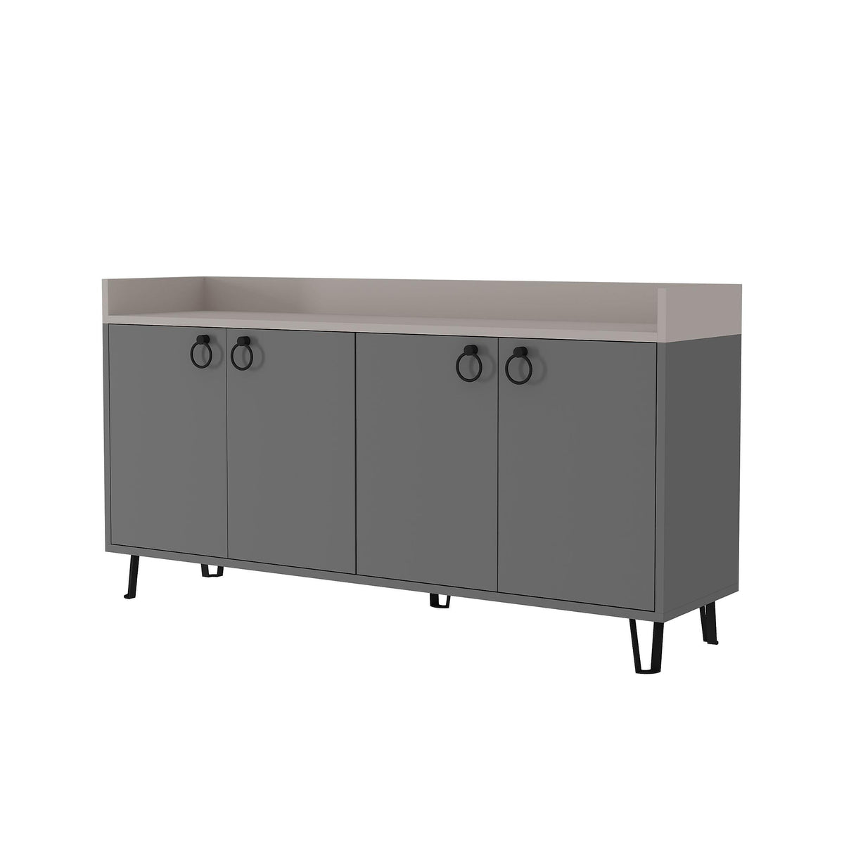 Two-tone console table with open shelf top, anthracite cabinet doors, tapered legs