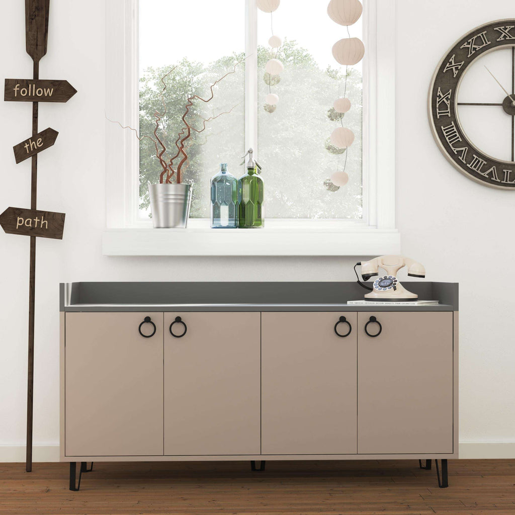 Modern sideboard console table, anthracite top and light mocha cabinet doors with rings