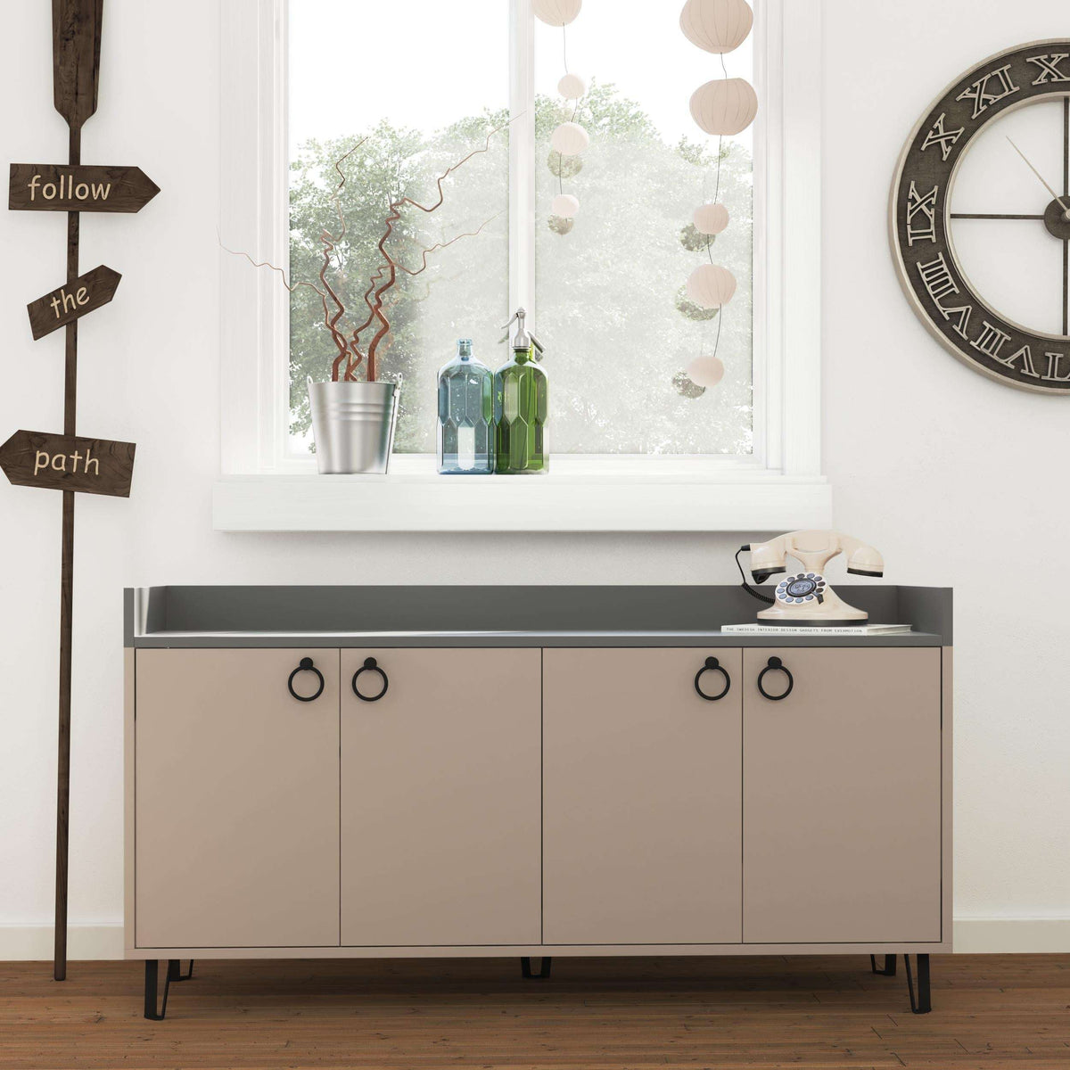 Modern sideboard console table, anthracite top and light mocha cabinet doors with rings
