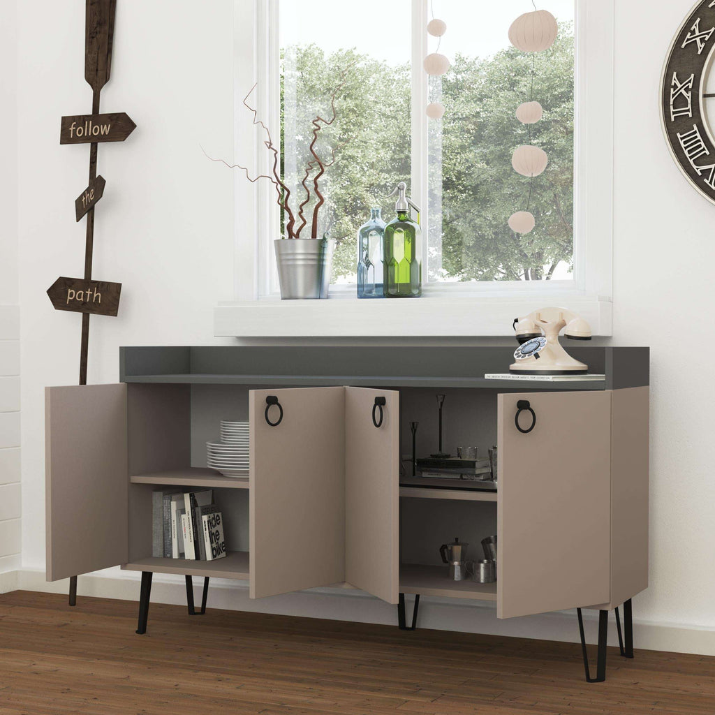 Modern sideboard console table with anthracite top and light mocha doors, open shelves