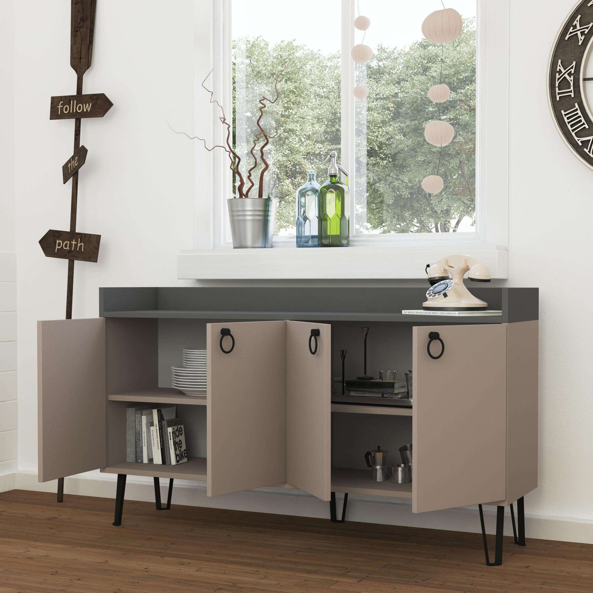 Modern sideboard console table with anthracite top and light mocha doors, open shelves