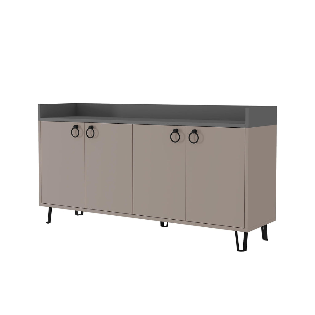 Two-tone console table with anthracite cabinet and light mocha door sections, ring pulls