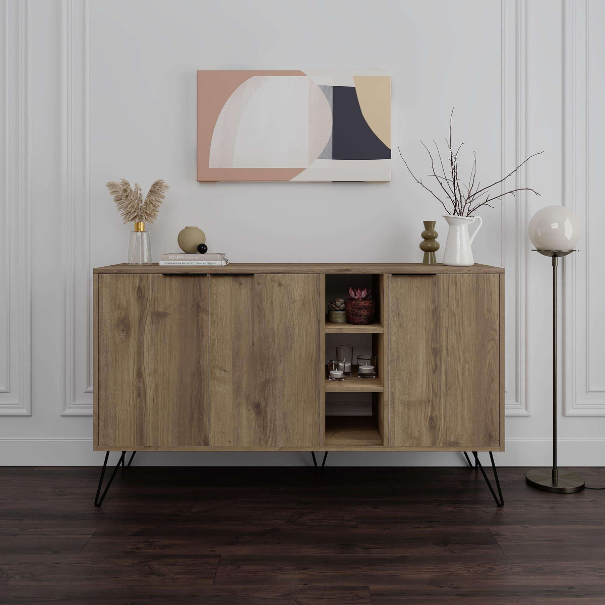 Wooden sideboard console with two cabinet doors and central open shelving, slim legs