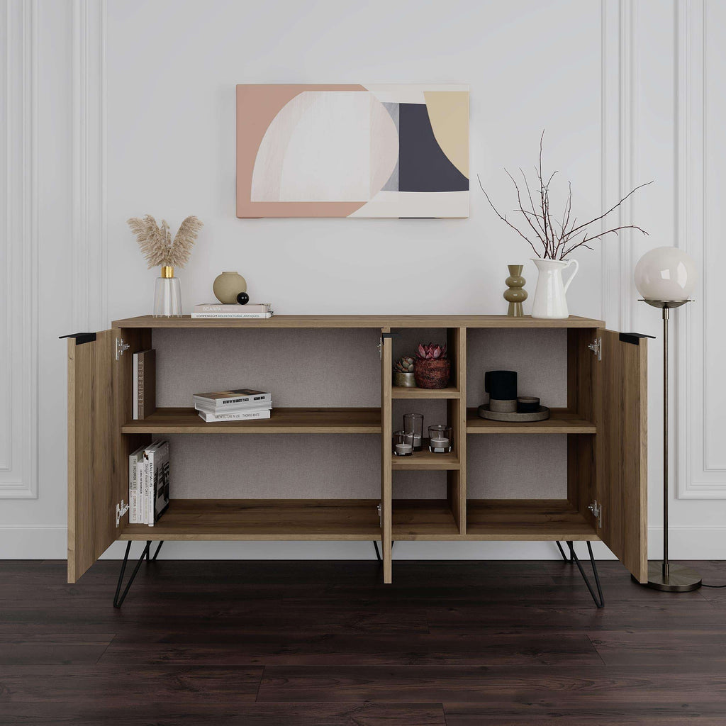 Wood console sideboard with two doors, central divider, and open shelving compartments