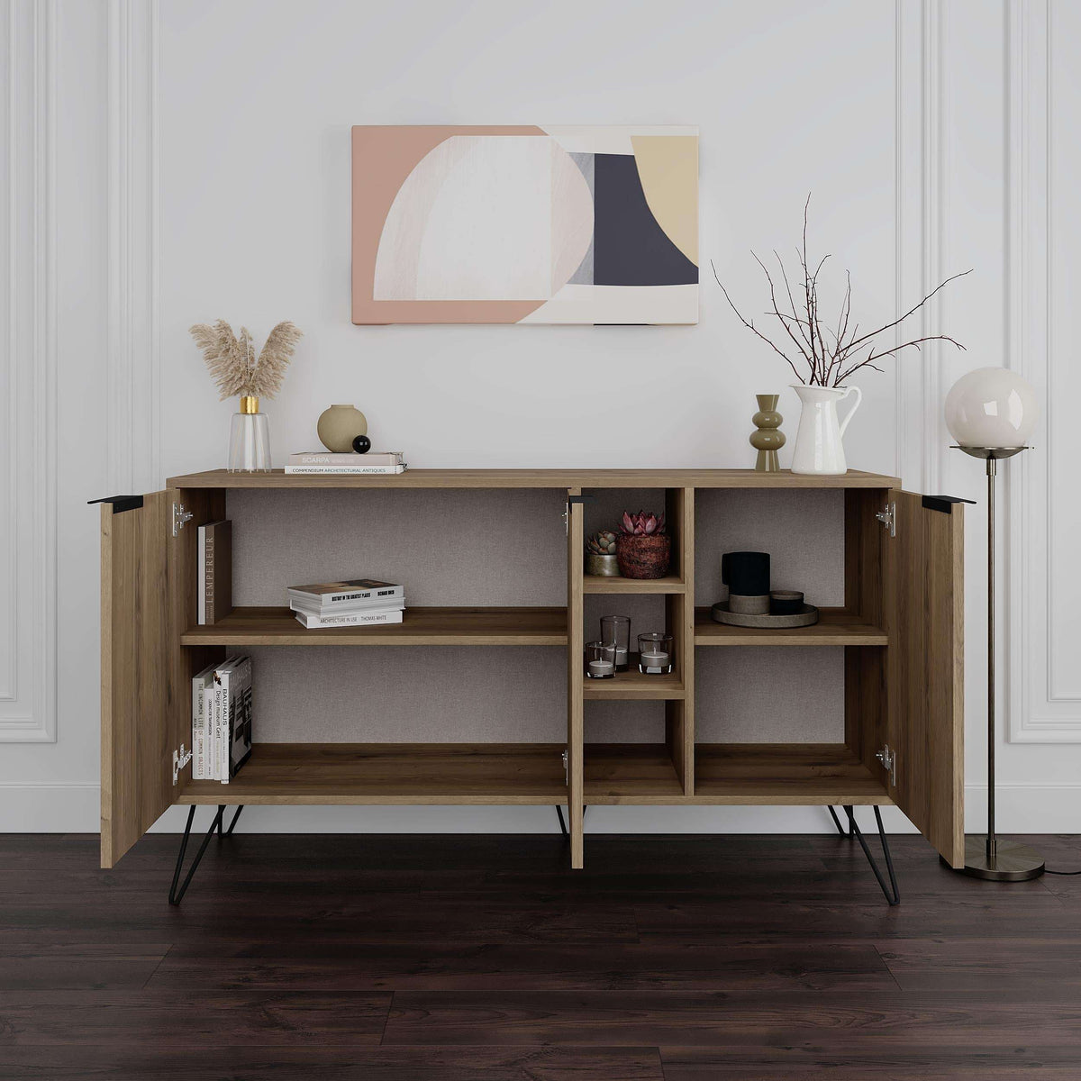 Wood console sideboard with two doors, central divider, and open shelving compartments