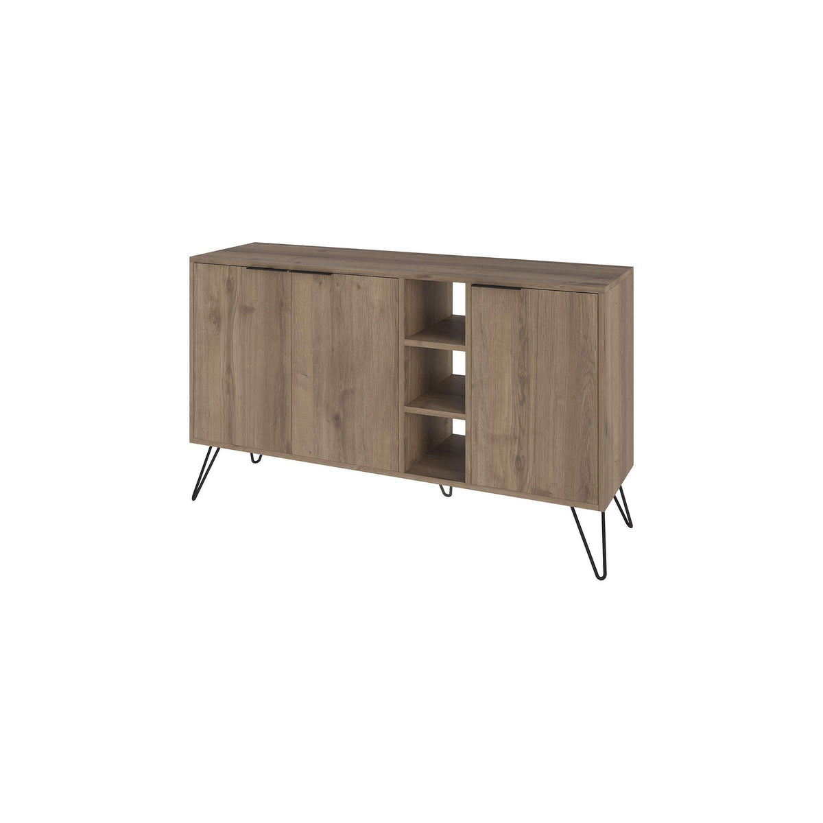 Wooden console sideboard with two cabinets and open center shelf, angled black legs