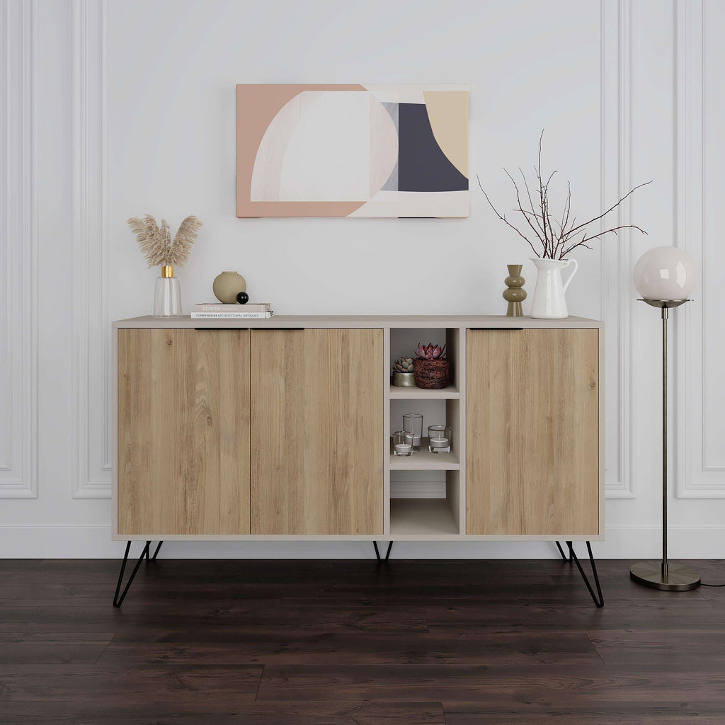 Wood console sideboard with two lower doors, open center shelving, and tapered legs