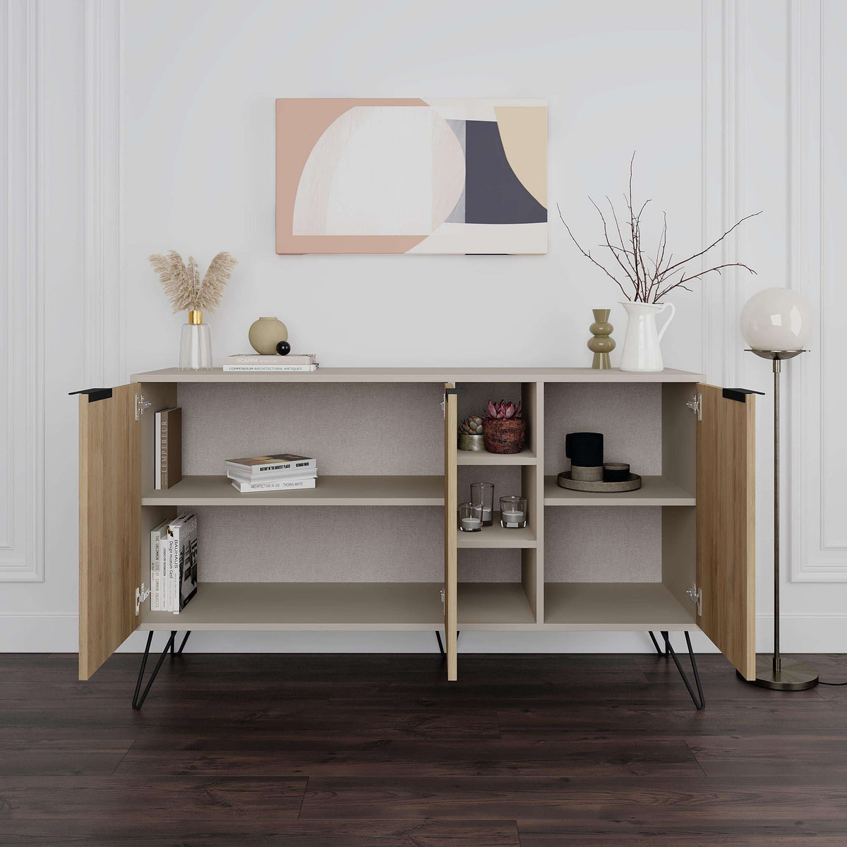 Open console sideboard with two doors, central shelf divider, and interior cubbies