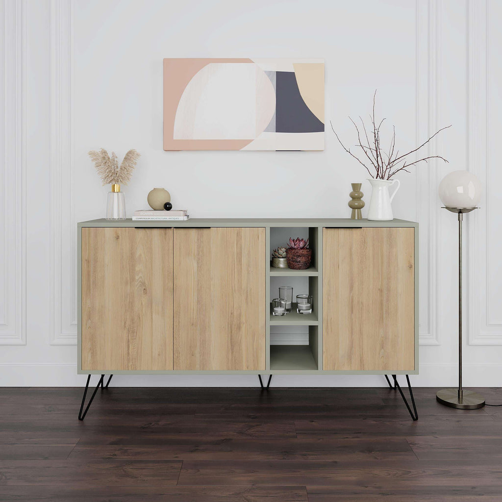 Sideboard console with two doors and open center shelves, light oak finish, black legs.