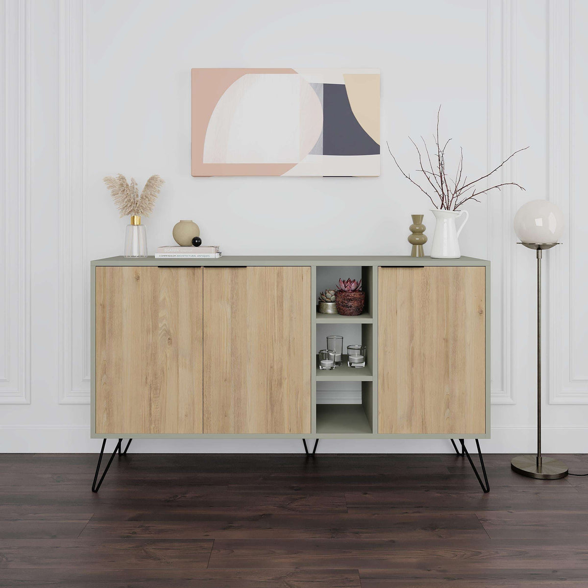 Sideboard console with two doors and open center shelves, light oak finish, black legs.