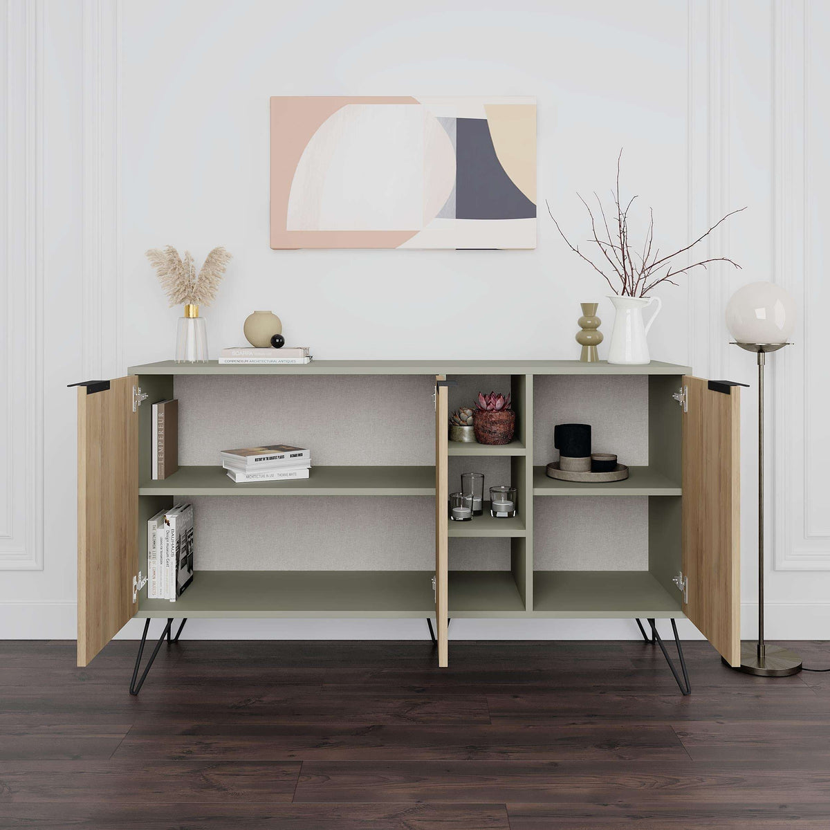 Modern sideboard console with open center shelves, light oak doors, black angled feet.