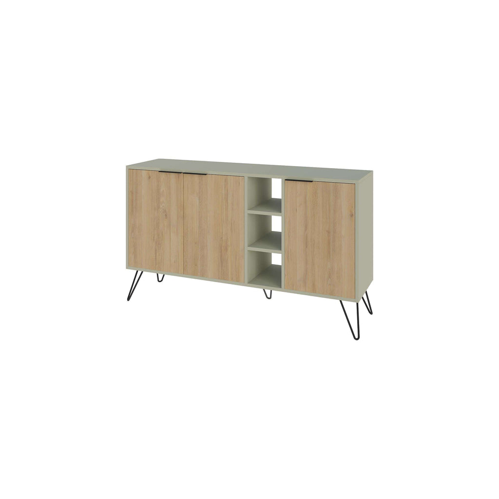 Modern sideboard console with two cabinet doors, open center shelves, light oak finish.