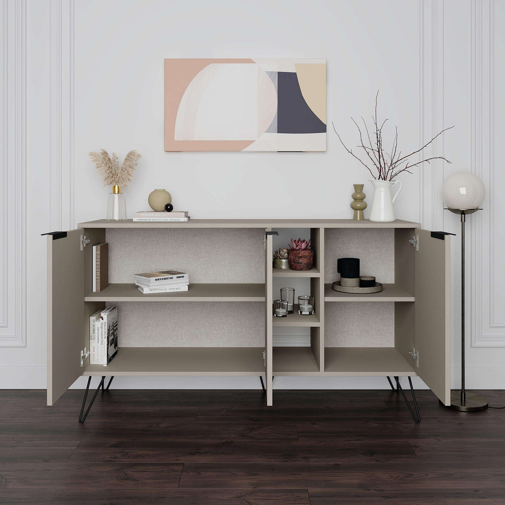 Modern sideboard with two doors and open center shelving, light gray interior and dark feet