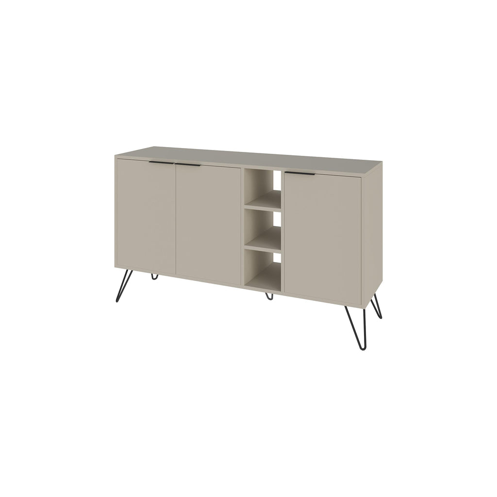Modern console sideboard in light gray with two doors, central open shelf, angled metal legs