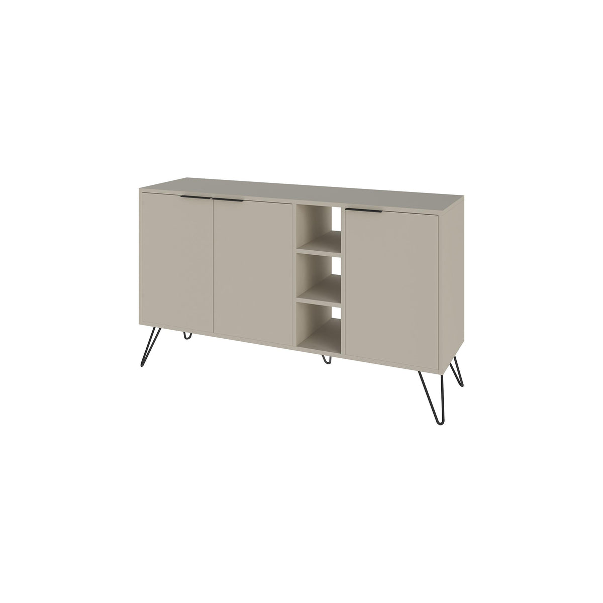 Modern console sideboard in light gray with two doors, central open shelf, angled metal legs