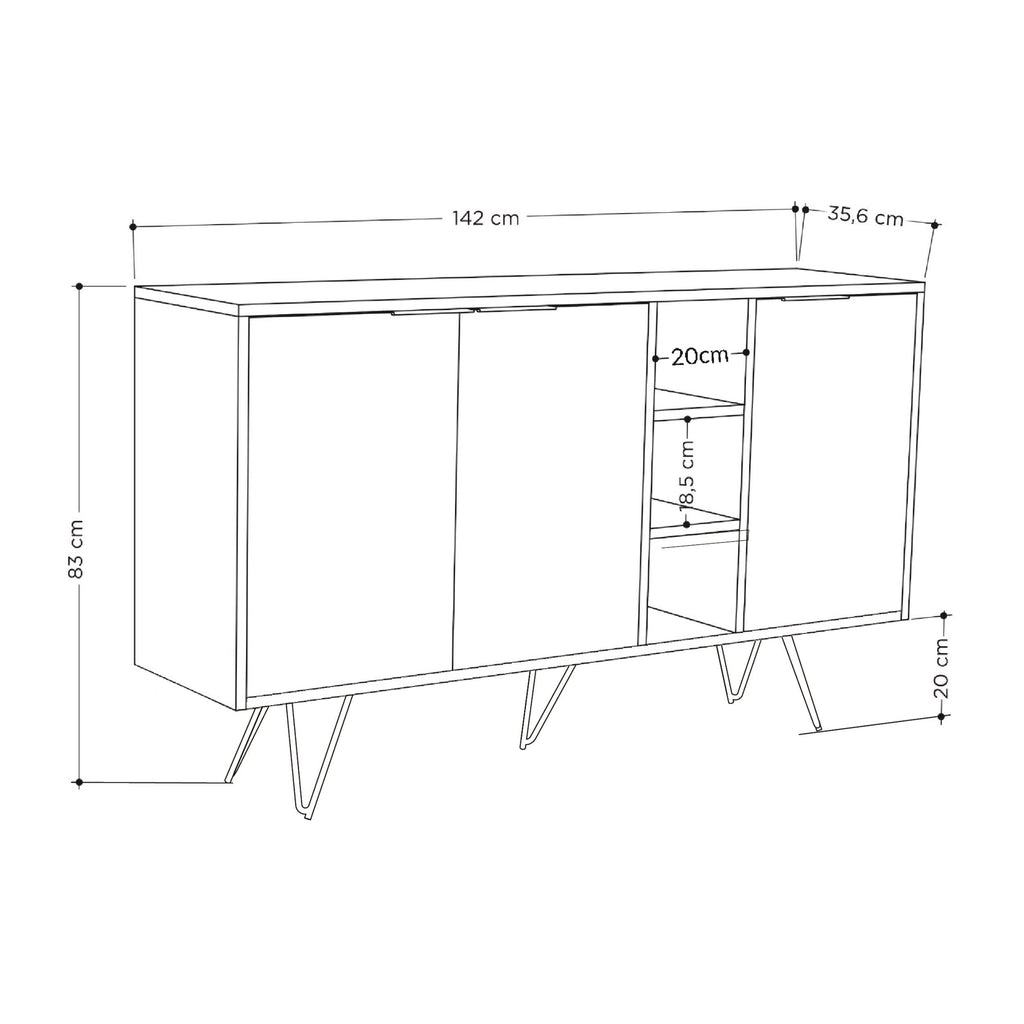 Modern console sideboard with three-door layout and internal display shelves, dimensioned