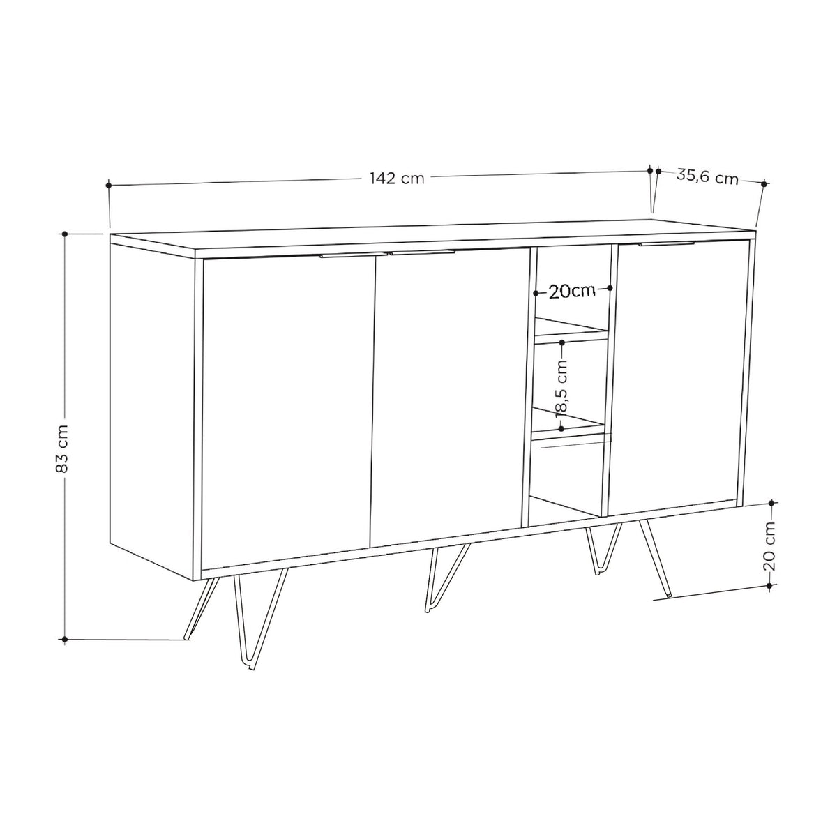 Modern console sideboard with three-door layout and internal display shelves, dimensioned