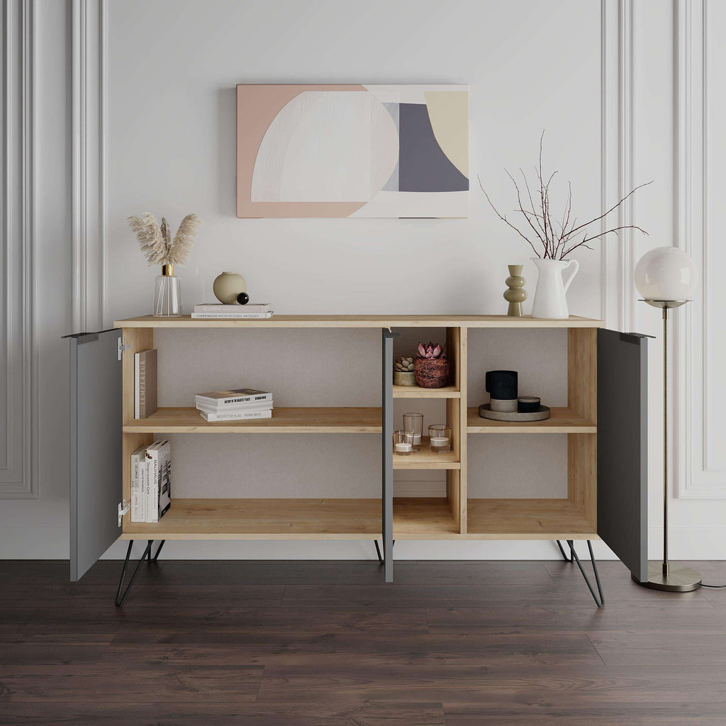 Two-tone console sideboard with dark gray doors and light oak open shelving