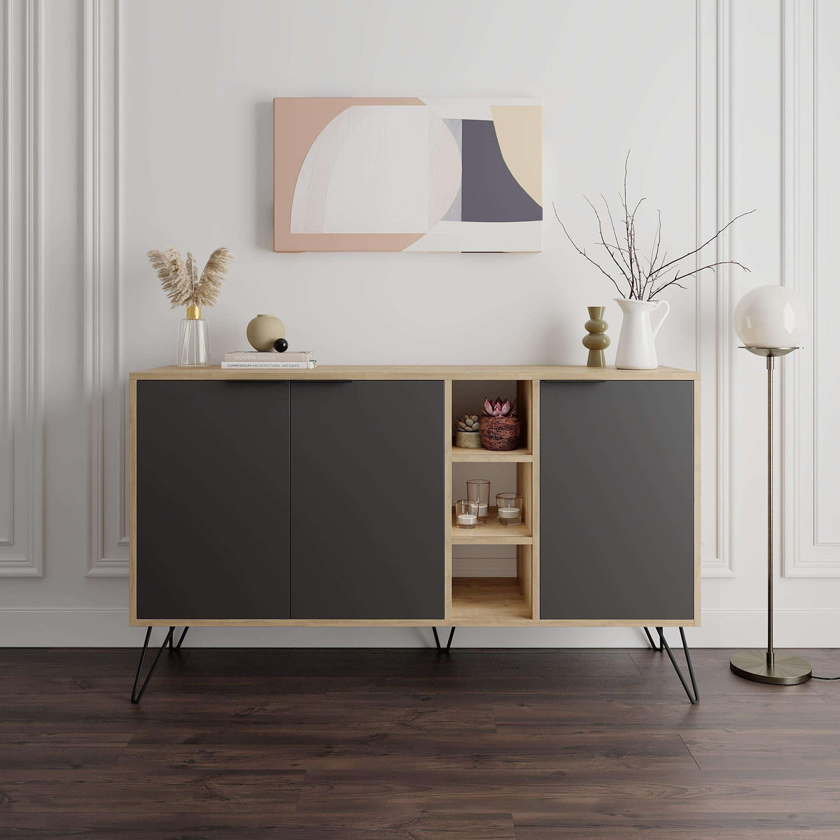 Modern sideboard console with dark grey doors and open center shelving
