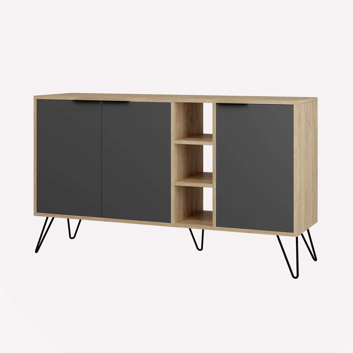Modern sideboard console with dark grey doors and vertical open shelf center