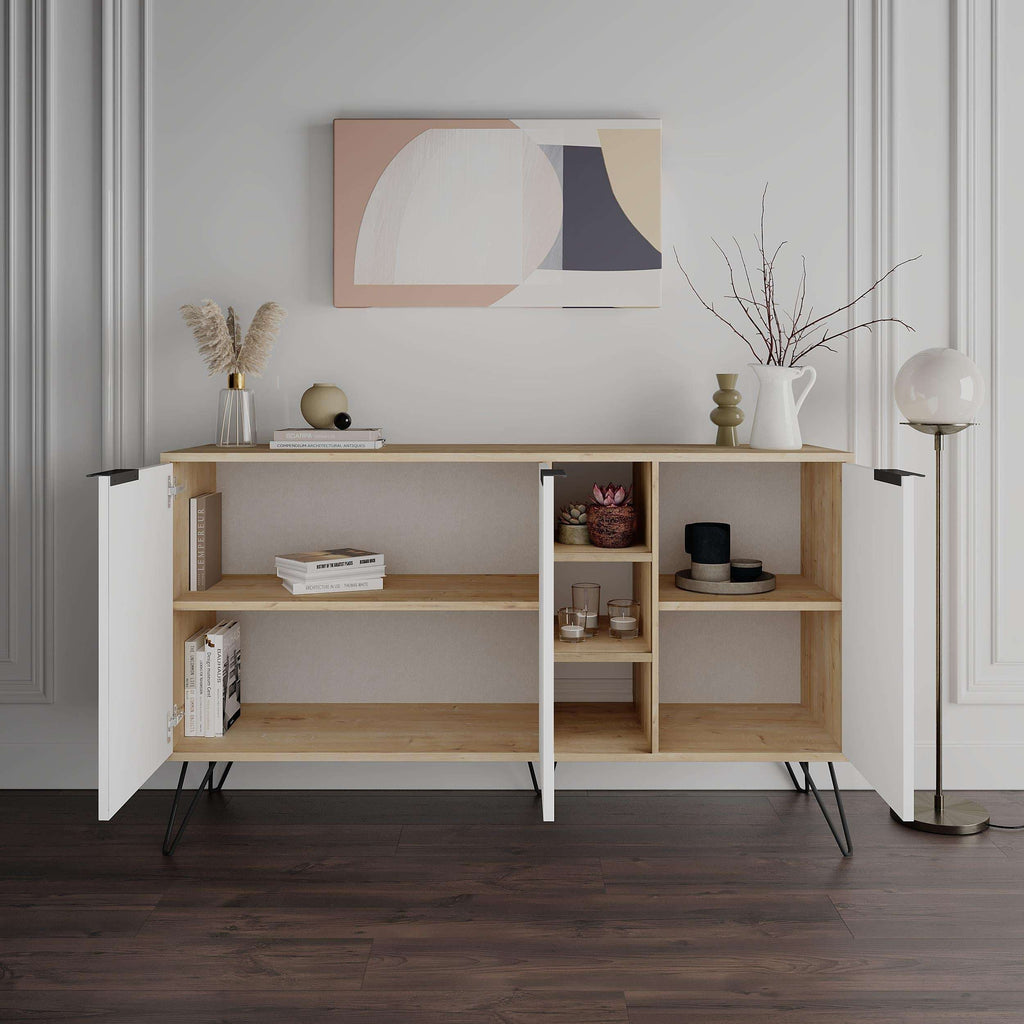 Modern console sideboard with oak frame, open center shelves, and two cabinet doors
