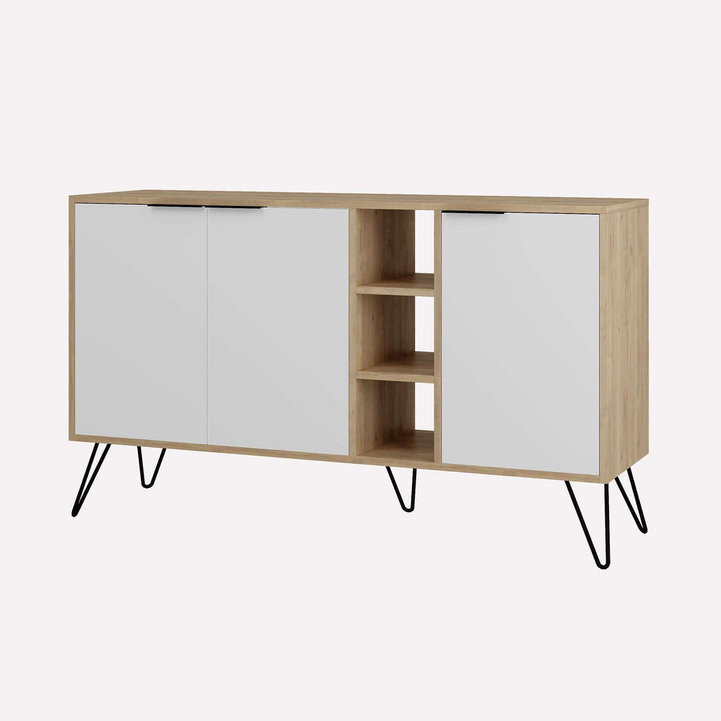 Modern console sideboard with oak frame, open middle shelves, and two white cabinet doors