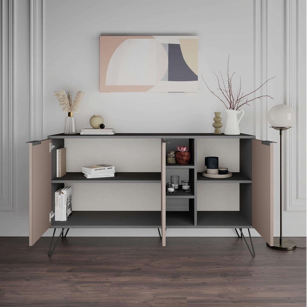Modern console sideboard with dark frame, open center cubbies, and two cabinet doors