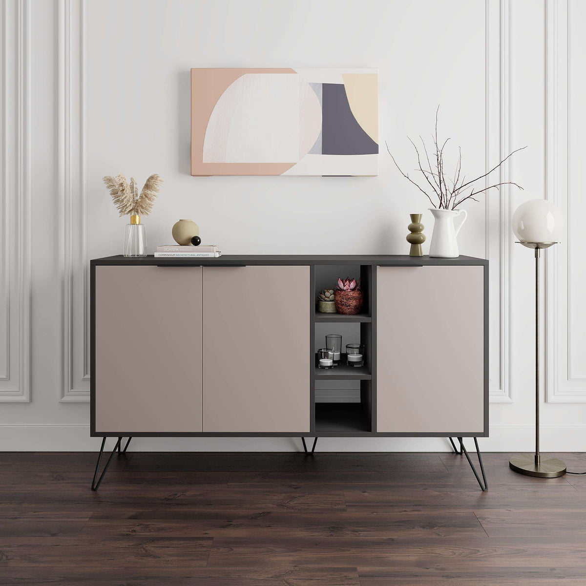 Modern console sideboard with dark frame, open cubby shelves, and two cabinet doors