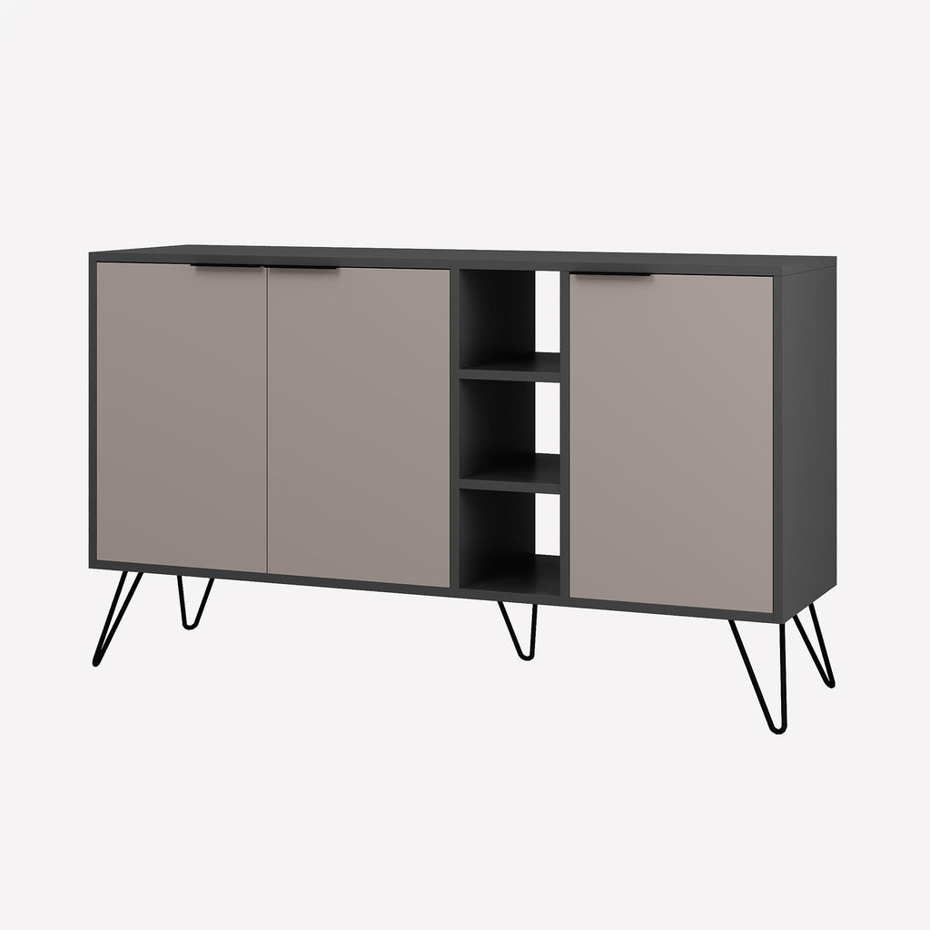 Modern console sideboard with dark gray frame, open middle shelves, and two gray doors