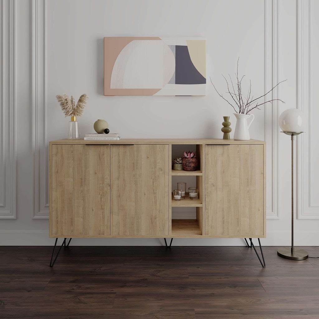 Light oak console sideboard with dark gray accents and open center shelving
