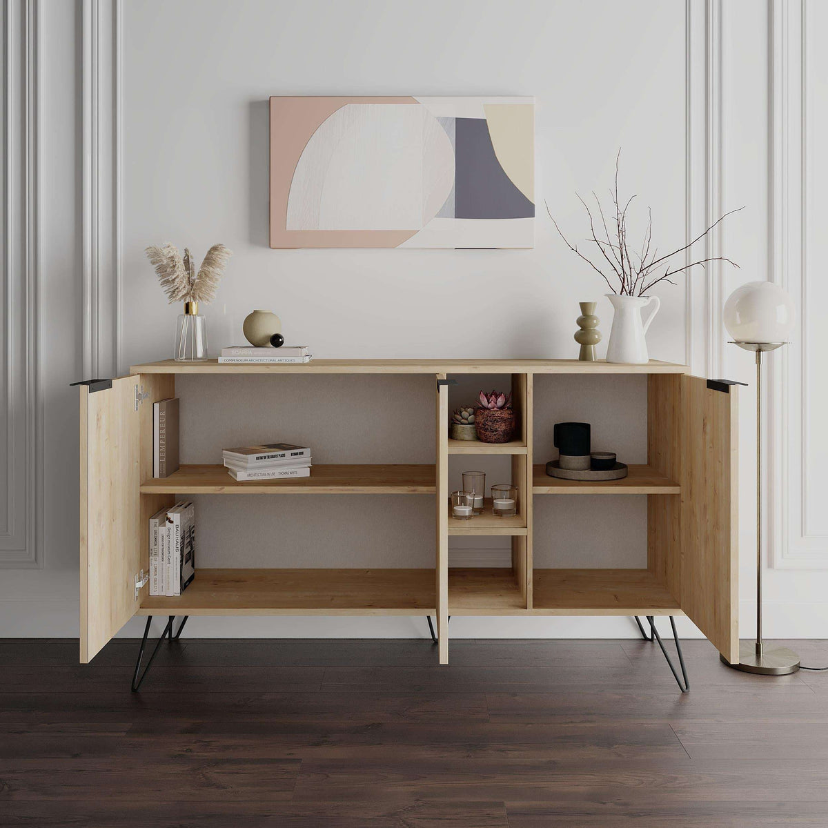 Two-tone console sideboard with dark gray frame and light oak open shelving compartments